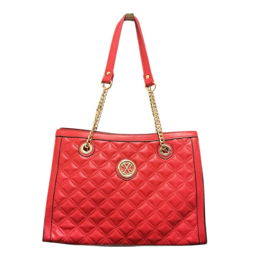 Elegant Red Quilted Shoulder Bag with Gold Accents. NEW